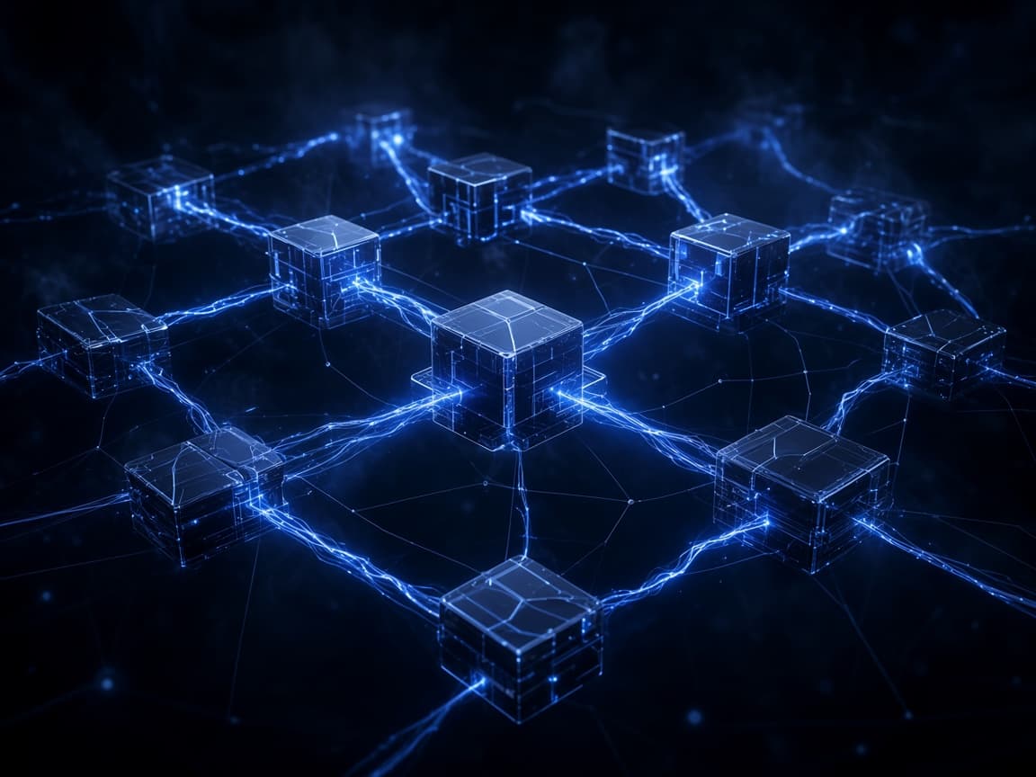 Connected systems shown as glowing nodes and light paths